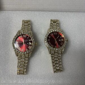 Set Of 2 Gold Sparkly Watches Red Dial Date Time Lightweight Unbranded